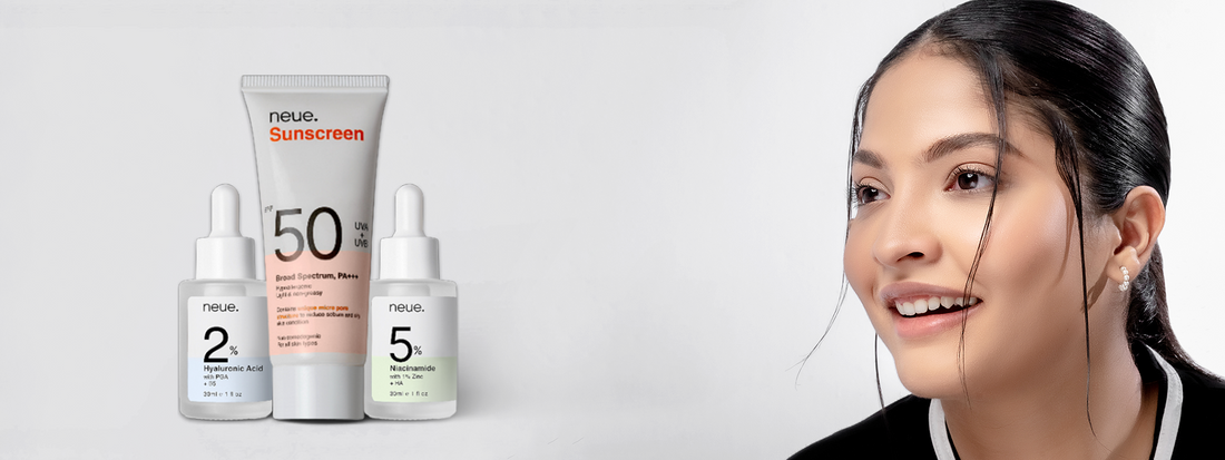sunscreen, gel moisturizers, niacinamide serum, and hyaluronic acid serum